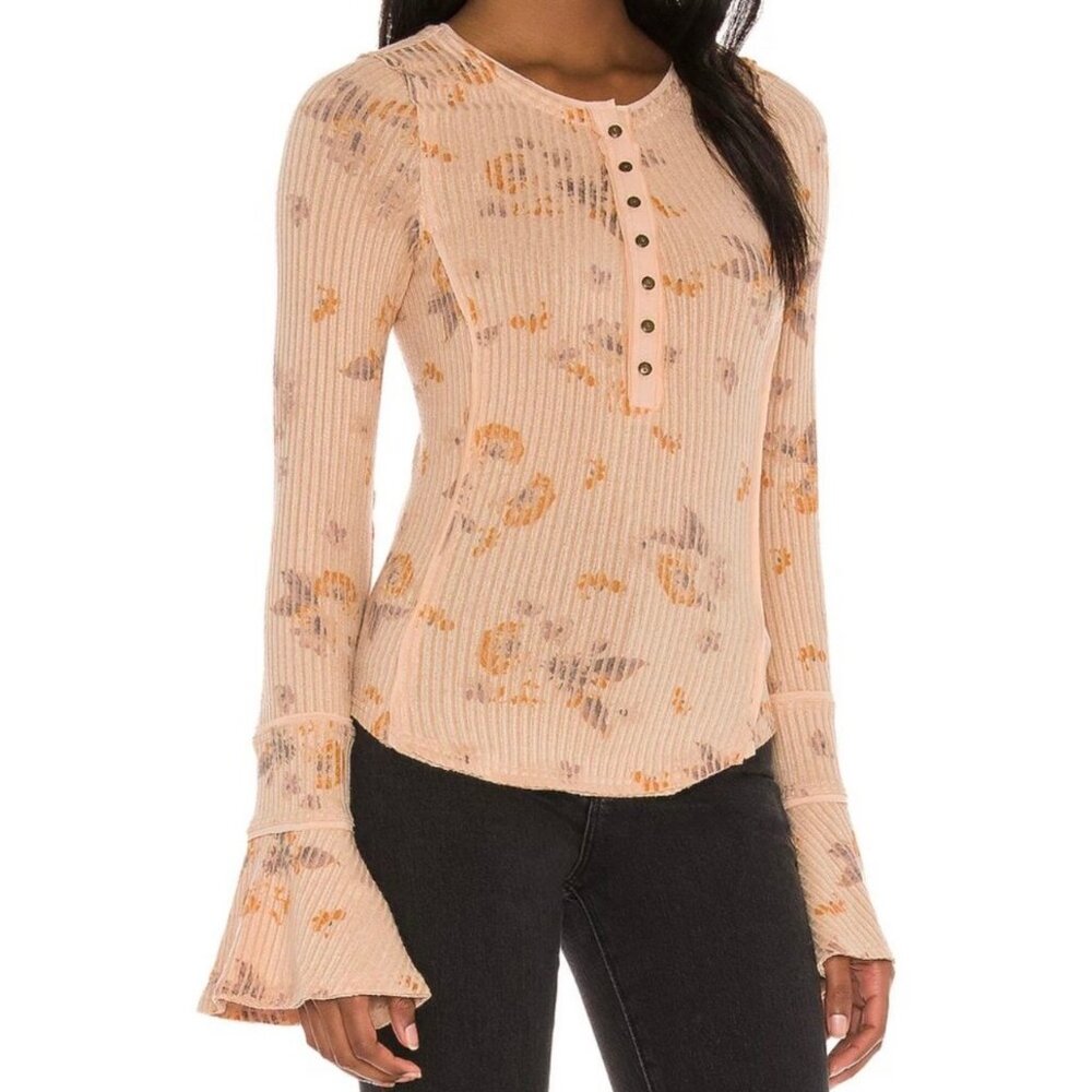 NWT Free People Ribbed Long Bell Sleeve Floral Print Retro Henley Top - Picture 14 of 16